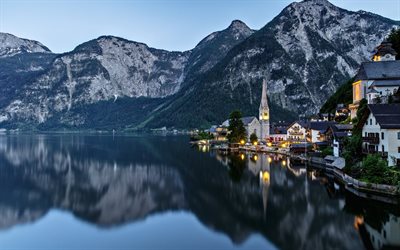 hallstatt, austria, lago de hallstatt, noche, paisaje, montaña