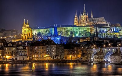 las luces, la ciudad vieja, la noche, praga, república checa