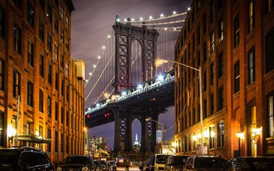 मैनहट्टन पुल, रोशनी, न्यू यार्क, अमेरिका, रात, मैनहट्टन पुल न्यूयॉर्क, संयुक्त राज्य अमेरिका