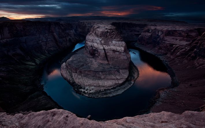 rock, a curva do rio, colorado, horseshoe ben, arizona, eua, noite