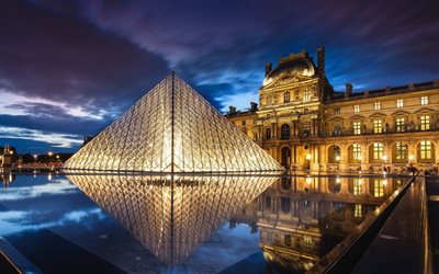 pirámide, la noche, el museo del louvre, parís, francia, museo, louvre