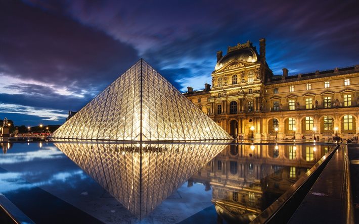पिरामिड, रात, लौवर, पेरिस, फ्रांस, संग्रहालय