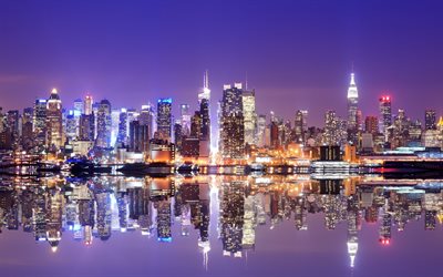 反射, 夜, 灯り, のハドソン川, マンハッタン, 高層ビル群, ニューヨーク, 米国, nyc, ハドソン川