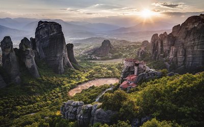 montañas, grecia, los monasterios de meteora, meteora, puesta de sol