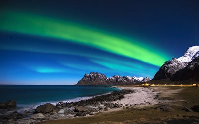 lofoten Adaları, Norveç Denizi, kıyı, Norveç, Kuzey ışıkları, adalar, gece, Norveç Bergen airport