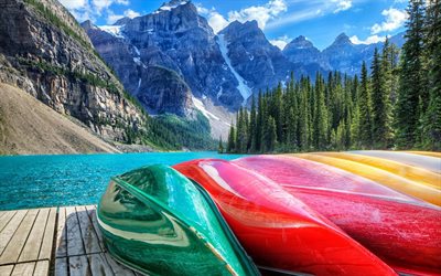 canadá, el verano, el lago moraine, kayaks, moraine lake