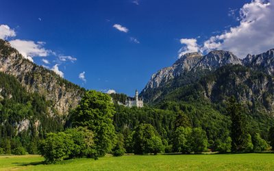 mountains, the sky, castello di neuschwanstein, in baviera, germania, summer, bavaria, germany