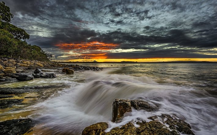queensland, Avustralya, taşlar, kıyı, Gün batımı