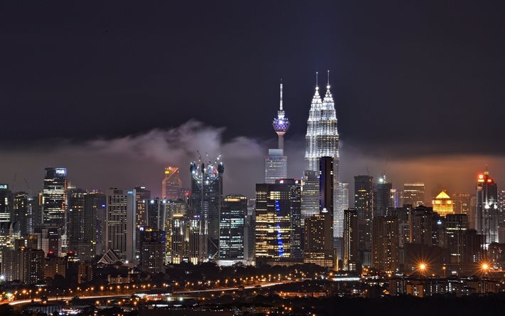 skyscrapers, night, kuala lumpur, malaysia