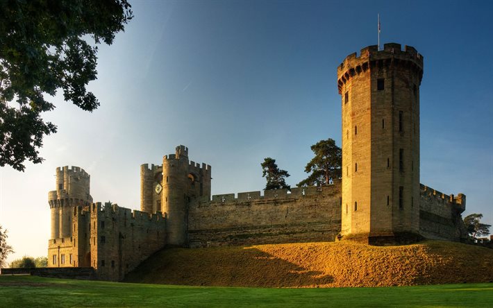 fästningen, warwick, warwick castle, warwickshire, england, solnedgång, hdr