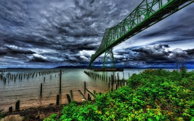 コロンビア川, アストリア橋, hdr, オレゴン州, 米国, 川, 雲, この橋, 夜