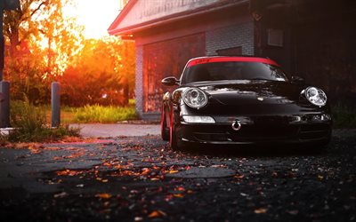 sports cars, autumn, black porsche