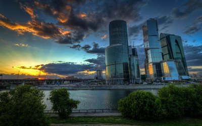 sunset, skyscrapers, moscow, moscow-city, russia