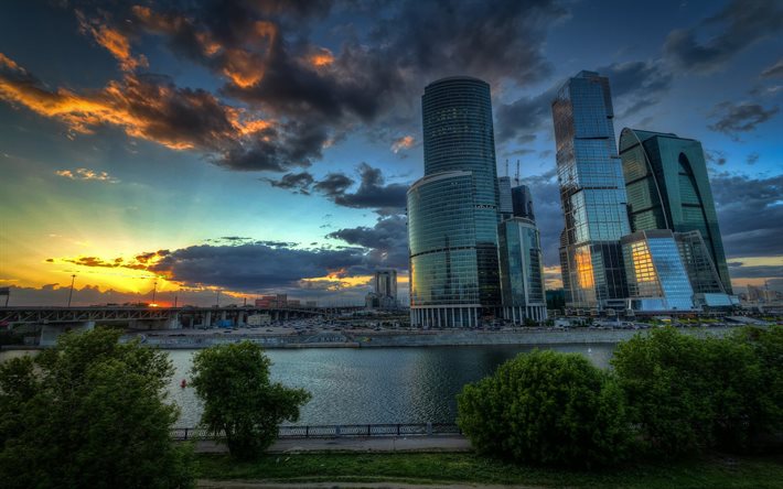solnedgång, skyskrapor, moskva, moskva-stad, ryssland