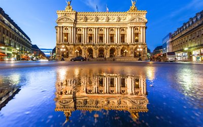 paris, reflection, france, puddle, palais garnier, opera garnier