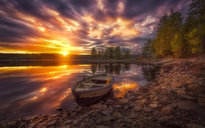 puesta de sol, ringerike, el lago, barco, noruega