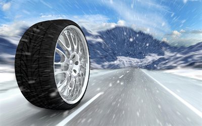 neve, roda, estrada, inverno