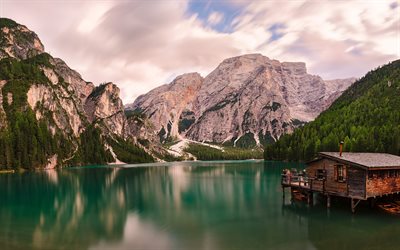 italy, summer, dolomites, the lake, alps, mountains, evening landscape