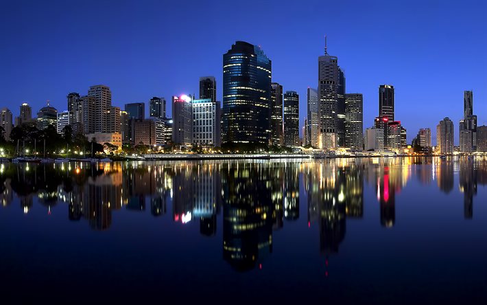 Brisbane şehir, gece, ufuk çizgisi, Queensland, Avustralya