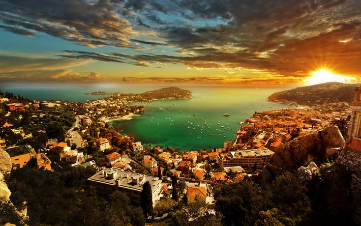 Monaco, coucher de soleil, panorama, côte, côte d'Azur