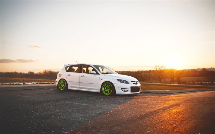Mazda 3, tuning, supercars, stance, parking, sunset