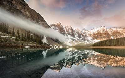 Moraine झील, शरद ऋतु, कोहरा, Banff राष्ट्रीय उद्यान, पहाड़ों, कनाडा
