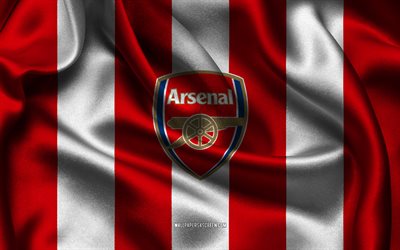 4k, Arsenal FC logo, red white silk fabric, English football team, Arsenal FC emblem, Premier League, Arsenal FC, England, football, Arsenal FC flag