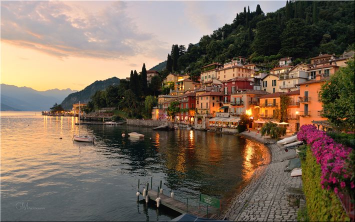 Italy, mountains, lake, evening, pier, embankment