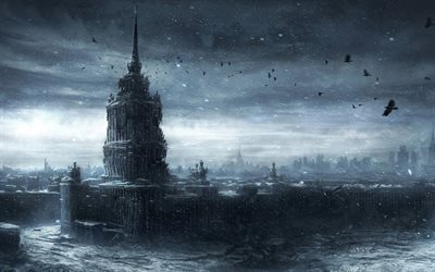 Mosca, apocalisse, neve, negro, invernali, rovine, edifici abbandonati