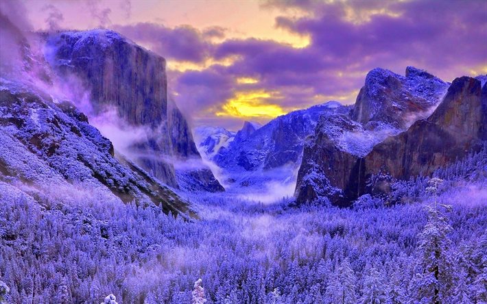 El Valle de Yosemite, bosque, invierno, montañas, Parque Nacional de Yosemite, California, estados UNIDOS