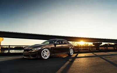 El BMW M3, F80, puesta de sol, 2016, supercars, marrón bmw