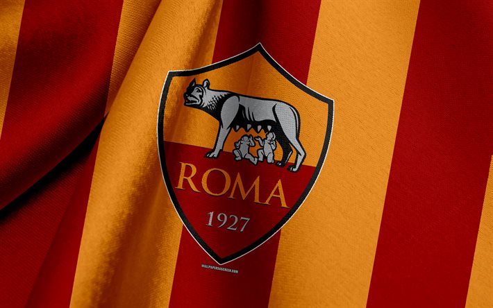 as roma, italian jalkapallojoukkue, punainen oranssi lippu, tunnus, kangasrakenne, logo, rooma, italia, jalkapallo, fc roma