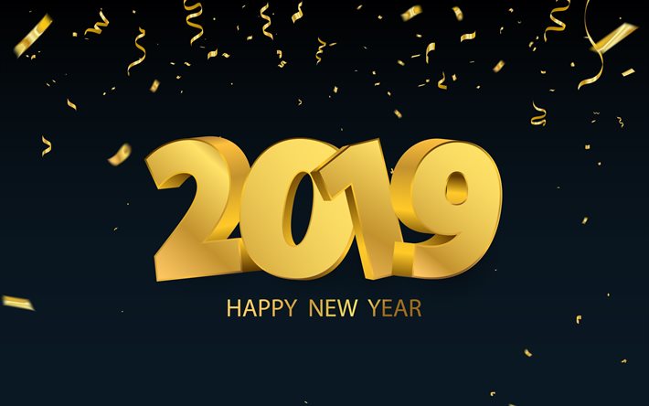 4k, Happy New Year 2019, golden ribbons, blue background, 2019 concepts, 3d digits, 2019 year, creative
