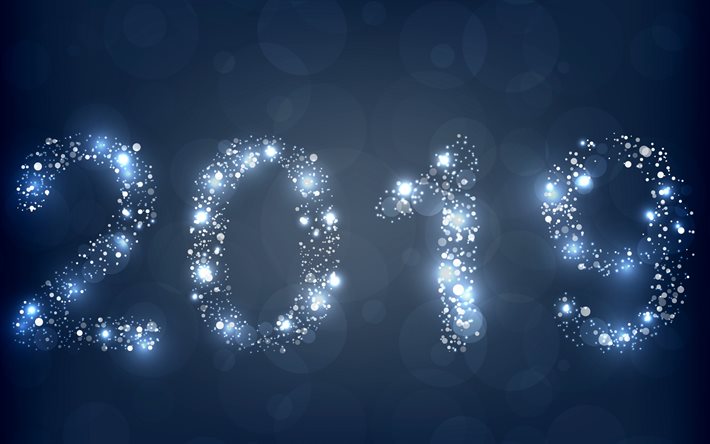 Yeni Yıl kavramlar, Yeni Yıl 2019, mavi arka plan, ışıklar, yıldızlar, yaratıcı sanat, 2019 yıl