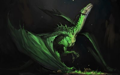 green dragon, night, darkness, fantasu art, monsters, dragons