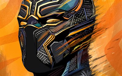 Black Panther, abstract art, yellow background, superheroes, Marvel Comics, artwork