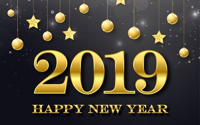 4k, Felice Nuovo Anno 2019, decorazione a foglia d'oro, sfondo nero, 2019 concetti, arte, 3d cifre, 2019 anno, creative