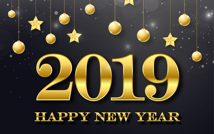 4k, Happy New Year 2019, golden decoration, black background, 2019 concepts, art, 3d digits, 2019 year, creative