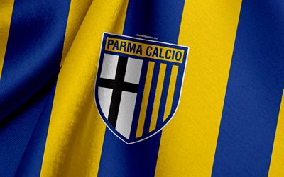parma calcio 1913, italienische fußball-team, die gelb-blaue flagge, emblem, stoff-textur, logo, italienische serie a, parma, italien, fußball, fc parma