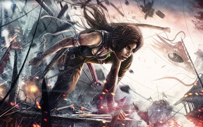 4k, Tomb Raider, rain, Lara Croft, artwork, Action-adventure