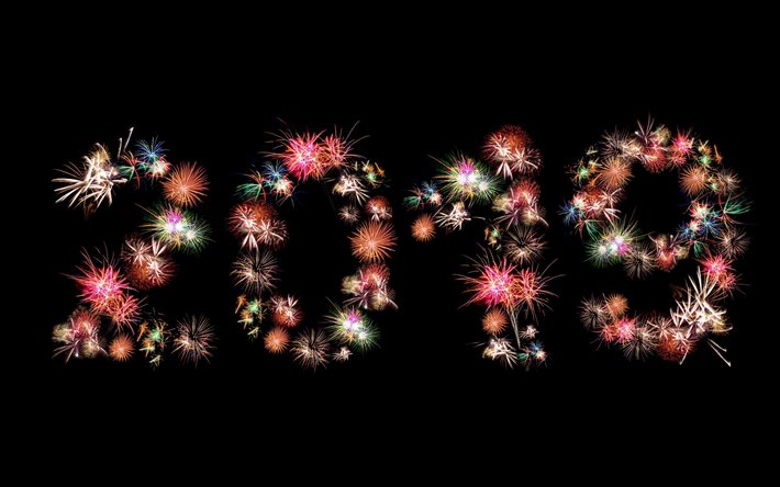 Nuevo Año 2019, saludo, letras, diseño creativo, el negro cielo de la noche, explosiones, 2019 concepto