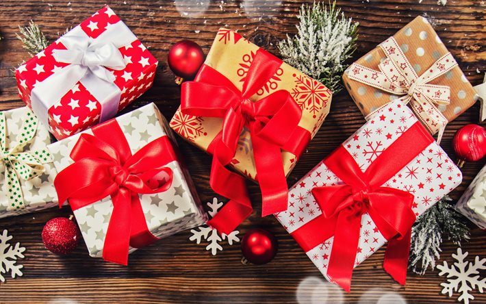 메리 크리스마스, 선물, 나무 배경, 겨울, 크리스마스, 빨간 장식, 크리스마스 장식