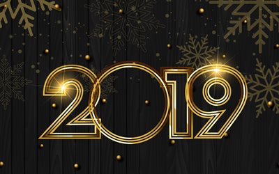 2019 anno, 4k, decorazioni in oro, di legno, sfondo, oro fiocchi di neve, 2019 concetti, 3d cifre, Felice Nuovo Anno 2019, creative