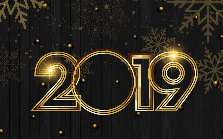 2019 year, 4k, golden decorations, wooden background, gold snowflakes, 2019 concepts, 3d digits, Happy New Year 2019, creative