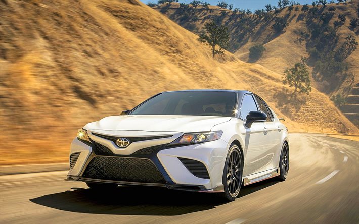 2020, Toyota Camry TRD, white sedan, front view, road, speed, tuning Camry, Japanese stock cars, Toyota