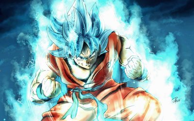 Son Goku, blue fire, Super Saiyan Blue, artwork, DBS, Super Saiyan God, anger goku, Dragon Ball Super, manga, Dragon Ball, Goku