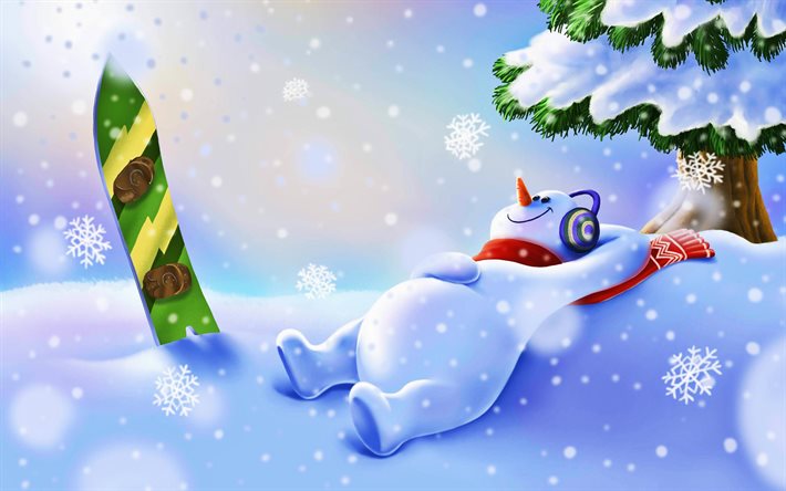 lying snowman, winter, snowdrifts, snowboard, winter holidays, Happy New Year, snowman, Merry Christmas