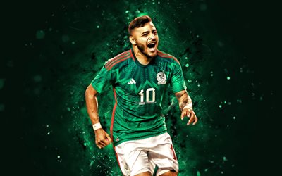 Alexis Vega, 4k, green neon lights, Mexico National Football Team, soccer, CONCACAF, footballers, green abstract background, mexican football team, Alexis Vega 4K