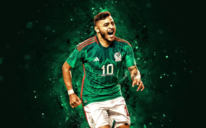 الكسيس فيجا, 4k, أضواء النيون الخضراء, فريق المكسيك الوطني لكرة القدم, كرة القدم, الكونكاكاف, لاعبي كرة القدم, أخضر، جرد، الخلفية, فريق كرة القدم المكسيكي, الكسيس فيجا 4k