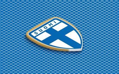 4k, finlands fotbollslandslags isometriska logotyp, 3d konst, isometrisk konst, finlands fotbollslandslag, blå bakgrund, finland, fotboll, isometriskt emblem